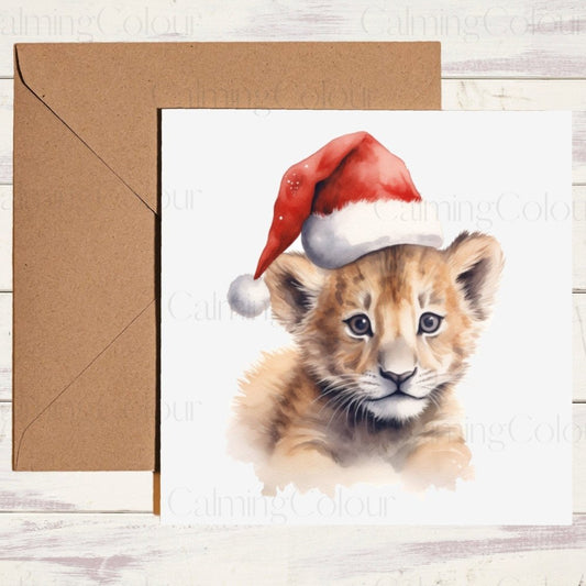 Lion Cub wearing Red Santa Hat | Christmas Card | Calming Colour