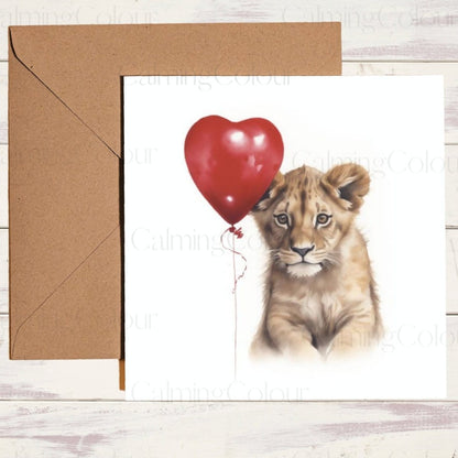 Lion Cub with Red Balloon | Greeting Card | Single Card | Calming Colour