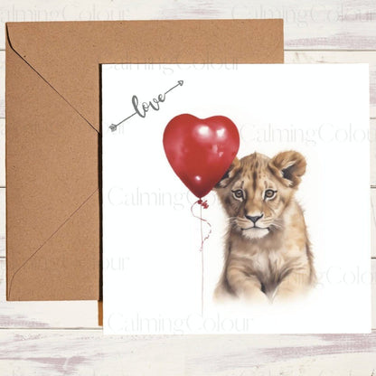 Lion Cub with Red Balloon | Greeting Card | Single Card | Calming Colour