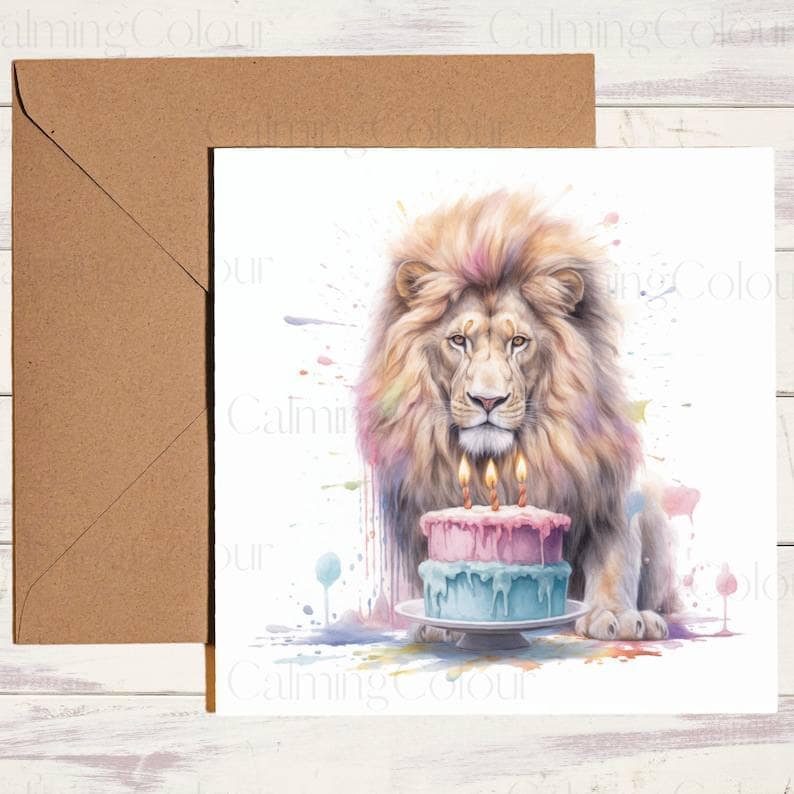 Lion | Pink & Blue Cake | Birthday Card | Calming Colour