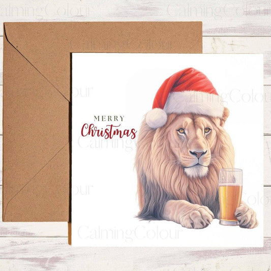 Lion with Pint & Red Santa Hat | Christmas Card | Christmas Card