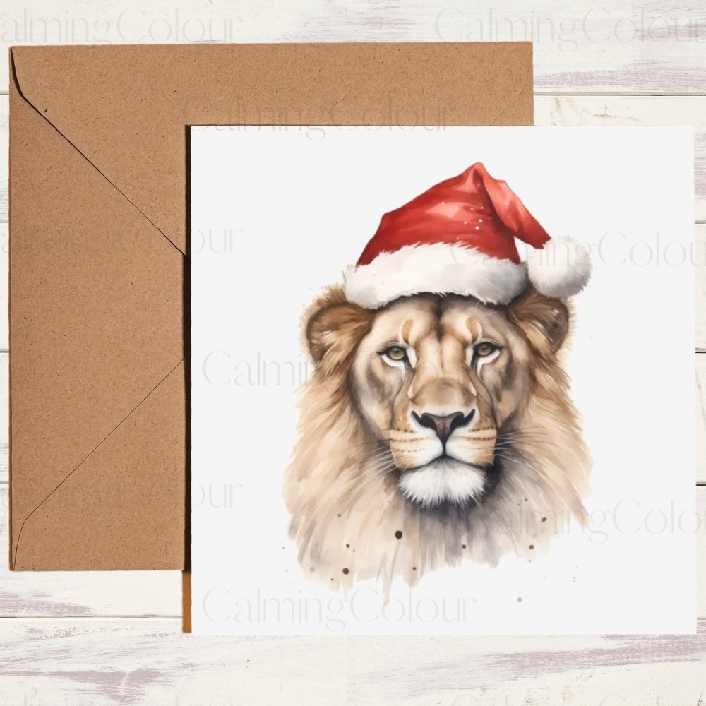 Lion wearing Red Santa Hat | Christmas Card | Calming Colour