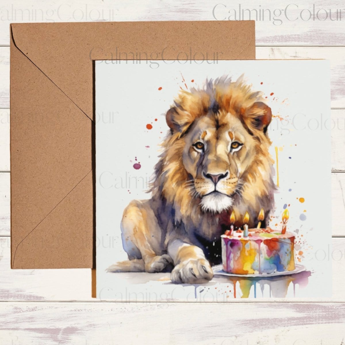 Lion with Colourful Cake | Card for Lion lover | Single Card | Calming Colour