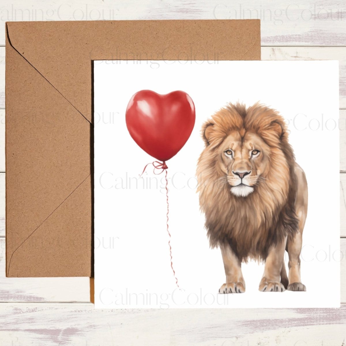 Lion with Red Balloon | Greeting Card | Calming Colour