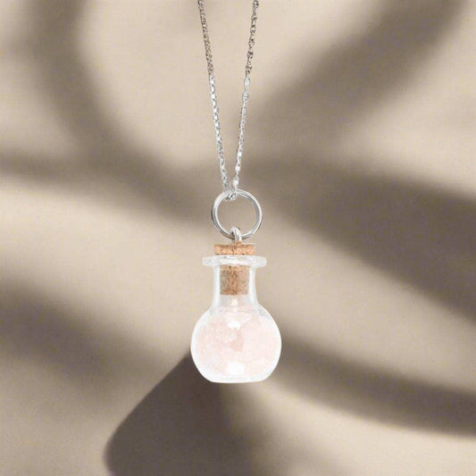 Love Rose Quartz Crystal Chip Potion Bottle Necklace | Calming Colour