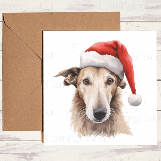 Lurcher wearing Red Santa Hat | Christmas Card | Christmas Card