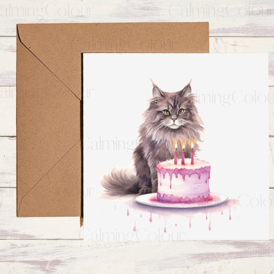 Maine Coon Cat with Cake | Birthday Card | Single Card | Calming Colour