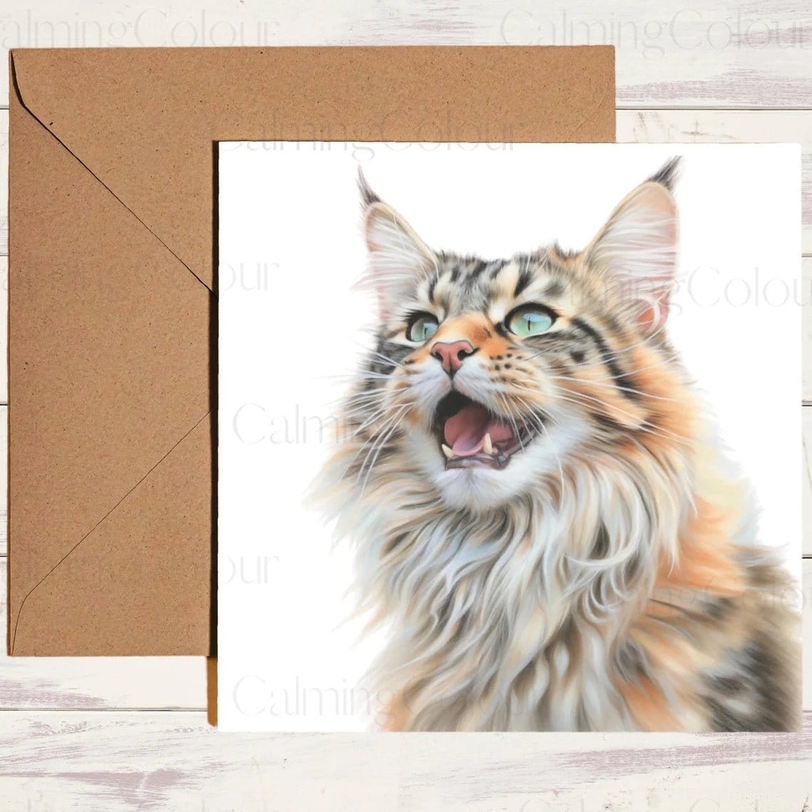 Maine Coon Cat Smiling | Greeting Card | Calming Colour