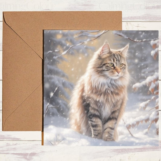 Maine Coon Cat in Snow | Christmas Card | Christmas Card