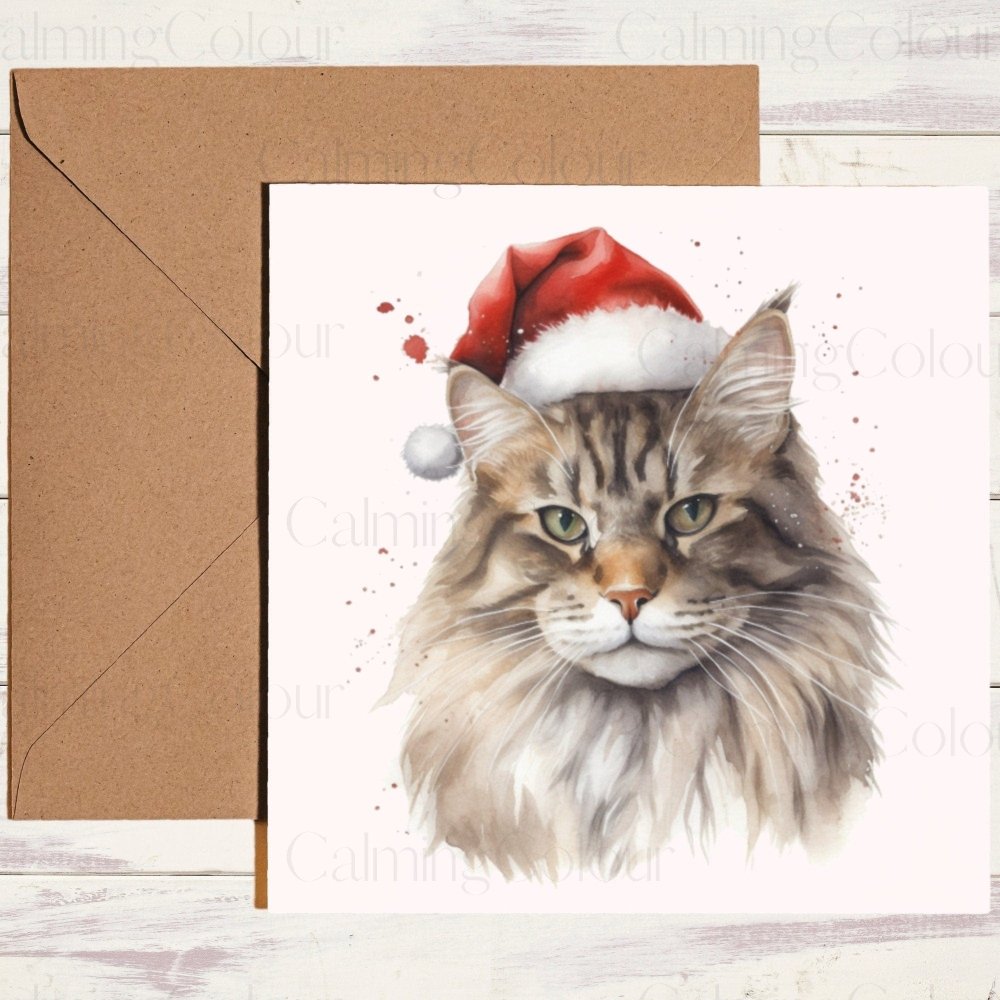 Maine Coon Cat wearing Red Santa Hat | Christmas Card | Christmas Card