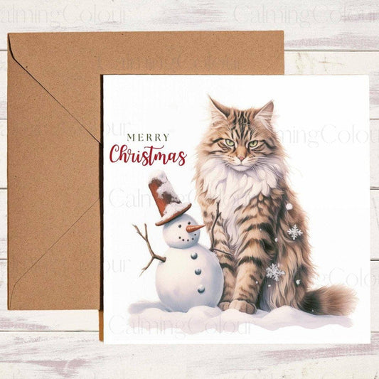 Maine Coon next to Mini Snowman | Christmas Card | Christmas Card