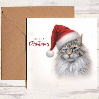 Maine Coon wearing Red Santa Hat | Christmas Card | Christmas Card