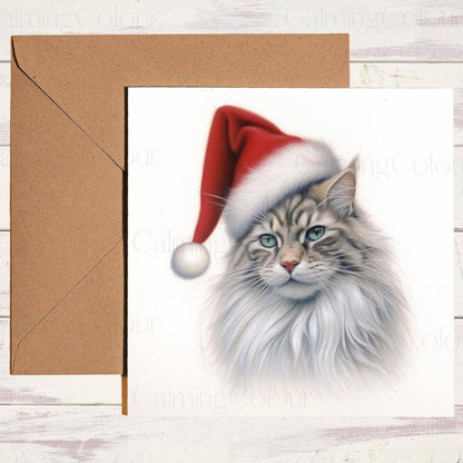 Maine Coon wearing Red Santa Hat | Christmas Card | Christmas Card