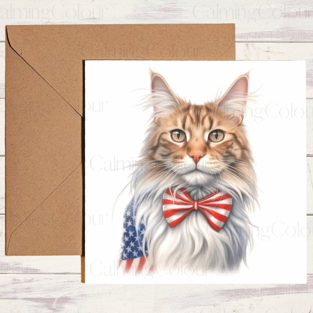 Maine Coon Wearing Stripy Bow Tie | 4th July Greeting Card | Calming Colour