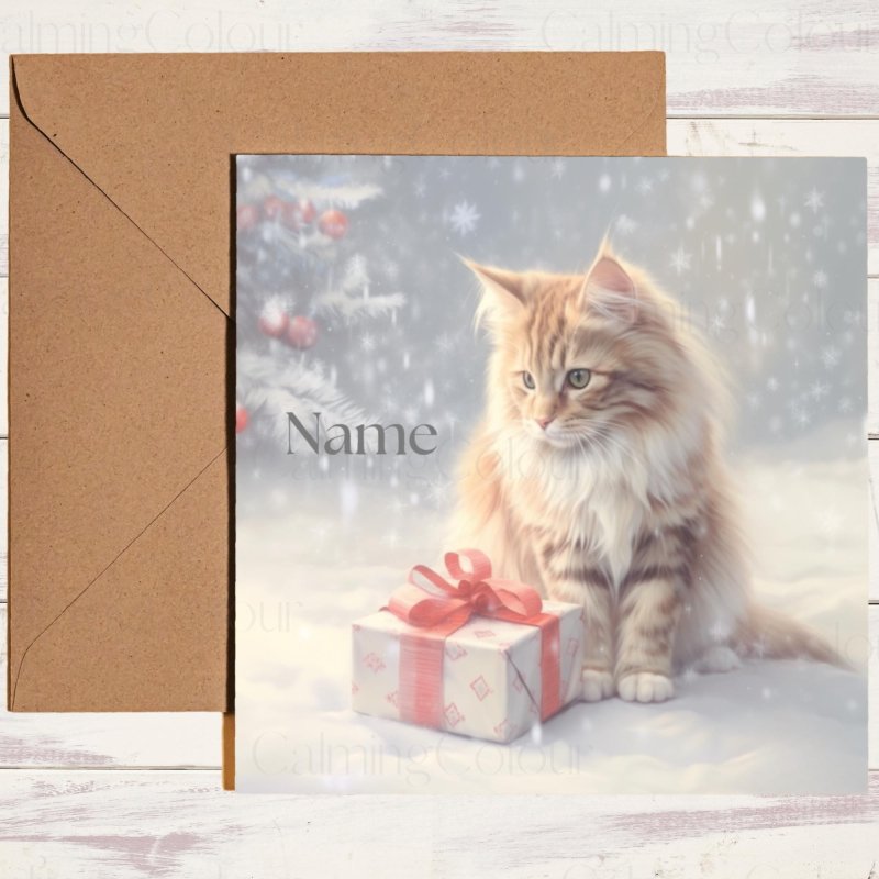 Maine Coon with Present Box | Christmas Card | Christmas Card