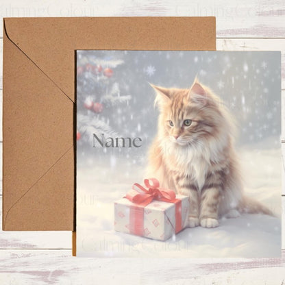 Maine Coon with Present Box | Christmas Card | Christmas Card