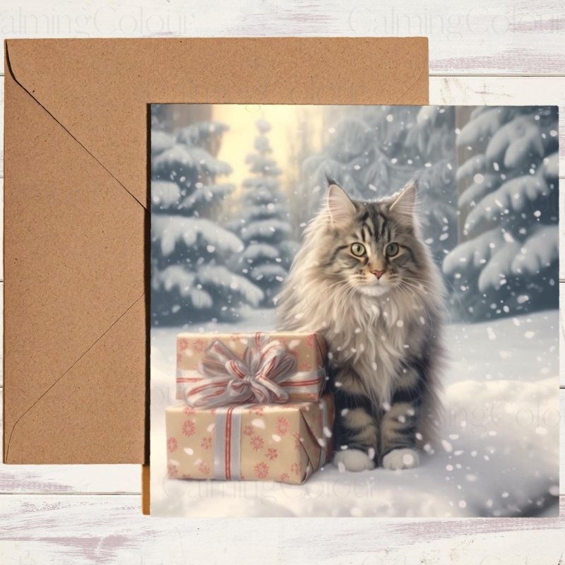 Maine Coon with Present | Christmas Card | Christmas Card