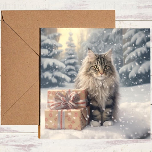 Maine Coon with Present | Christmas Card | Christmas Card