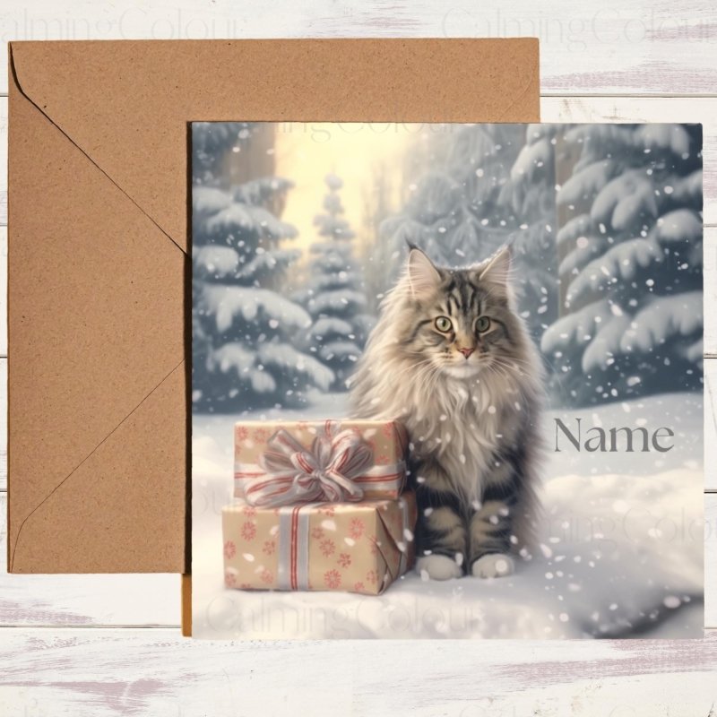 Maine Coon with Present | Christmas Card | Christmas Card