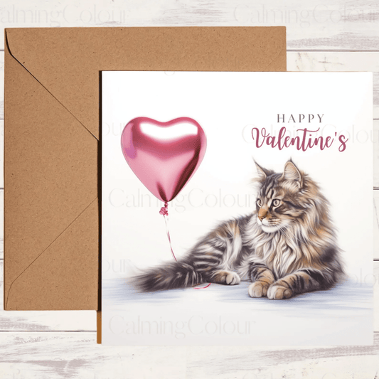 Maine Coon with Red Balloon | Valentine's Card | Valentine's Day