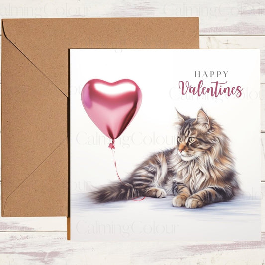 Maine Coon with Red Balloon | Valentine's Card | With Love | Calming Colour