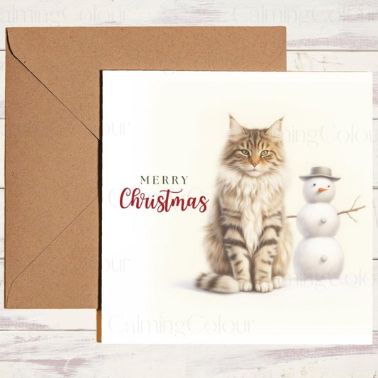 Maine Coon with Snowman Friend | Christmas Card | Christmas Card