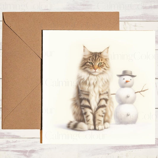 Maine Coon with Snowman Friend | Christmas Card | Christmas Card