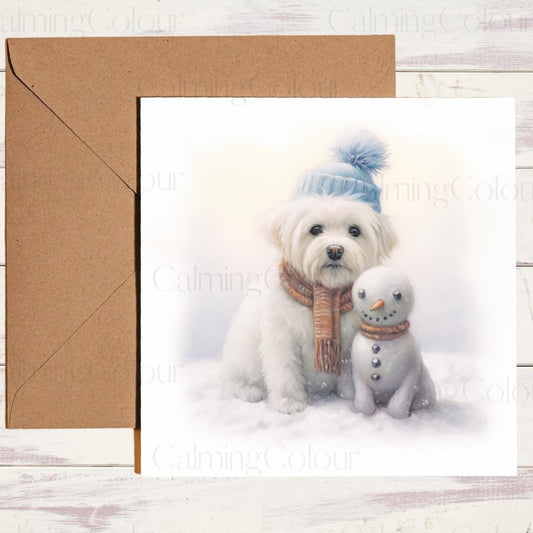 Maltese with a Snowman | Christmas Card | Christmas Card