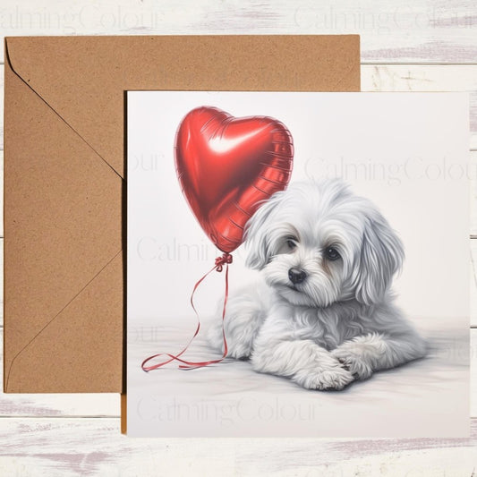 Maltese with Red Balloon l Valentine's Card | Anniversary | Valentine's Day