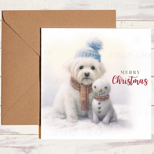 Maltese with Snowman Friend | Christmas Card | Christmas Card