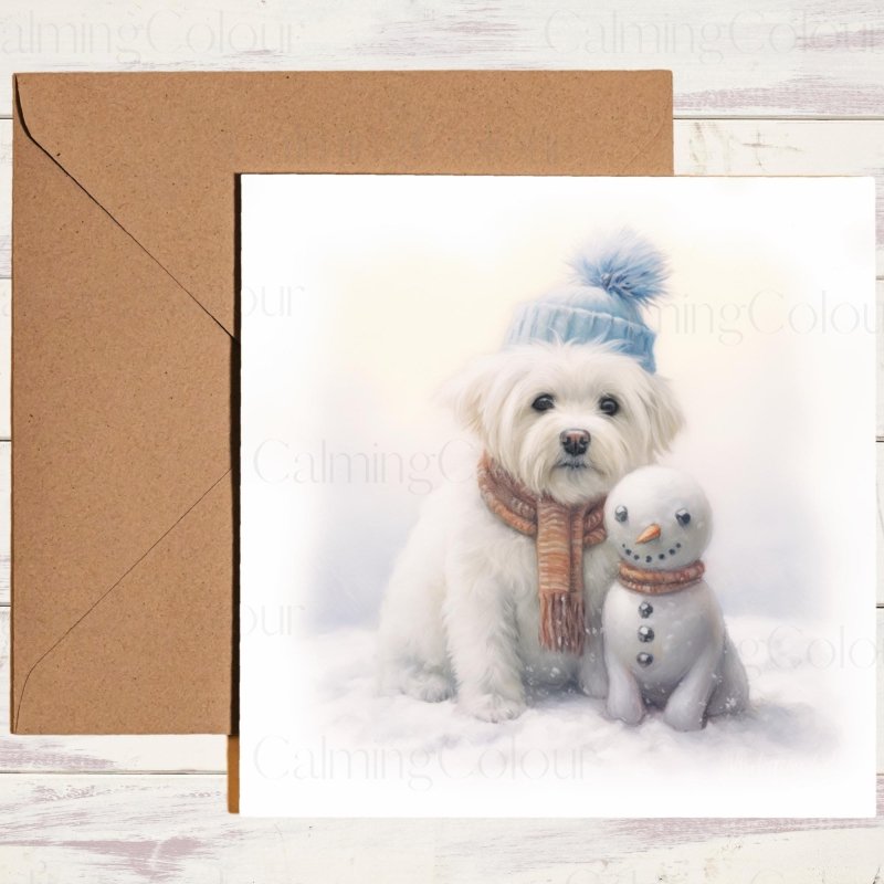 Maltese with Snowman Friend | Christmas Card | Christmas Card