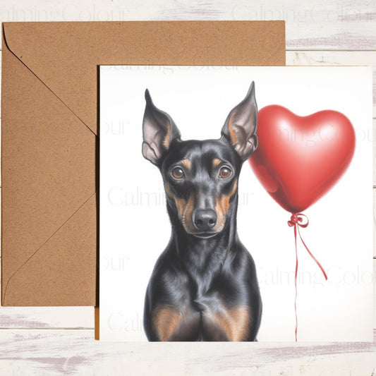 Manchester Terrier with Red LoveHeart Balloon | Valentine's Card | Calming Colour