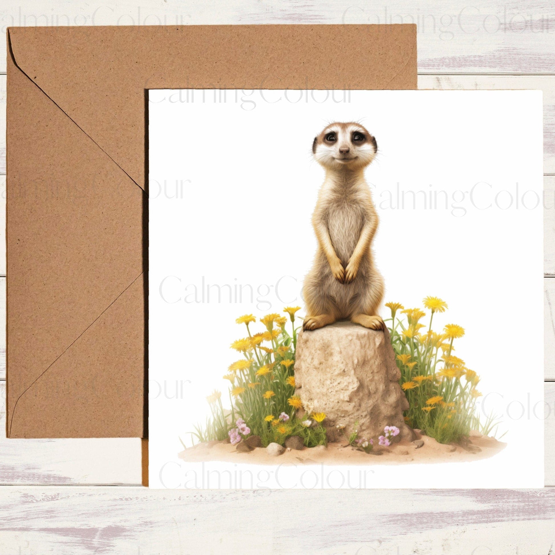 Meerkat standing on rock with Flowers | Greeting Card | Calming Colour