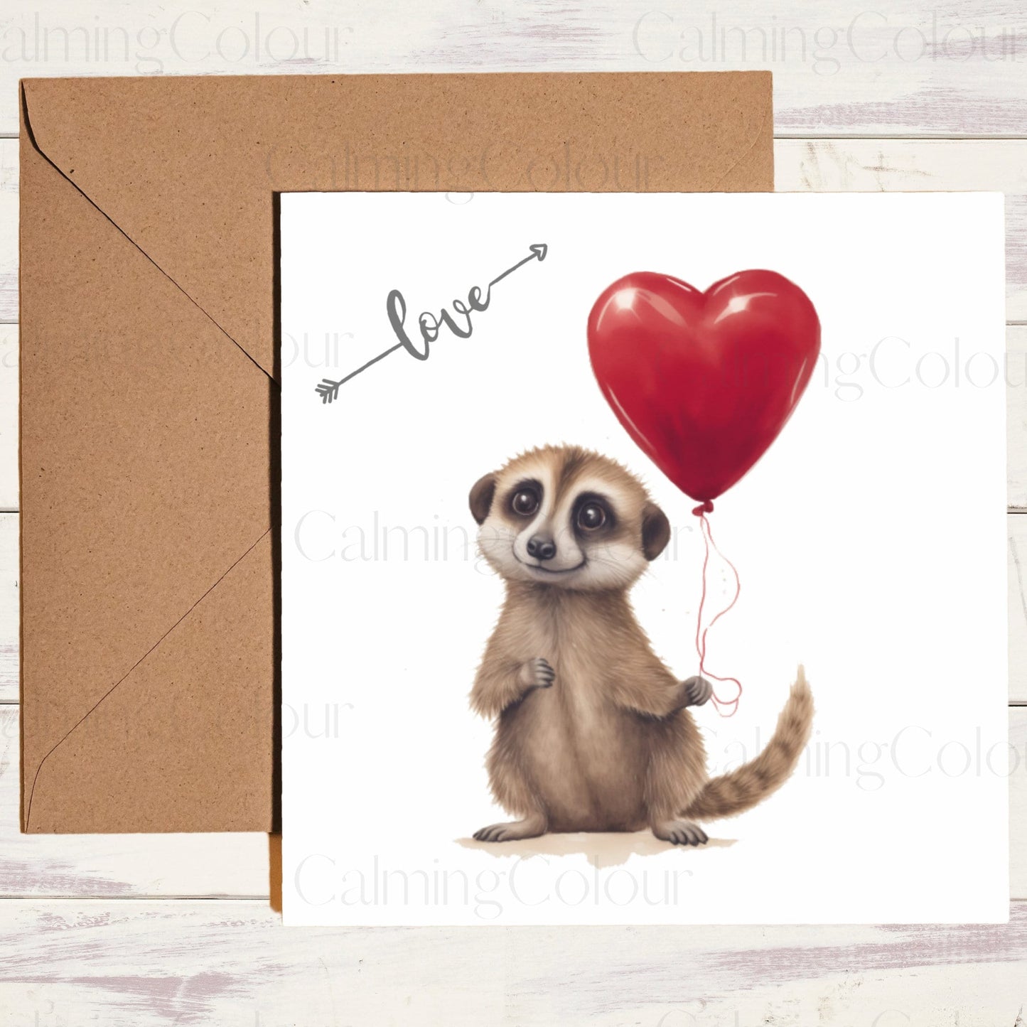 Meerkat with Red Balloon | Greeting Card | Single Card | Calming Colour