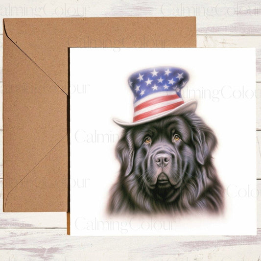 Newfoundland Dog Wearing 4th July Top Hat | Greeting Card | Calming Colour