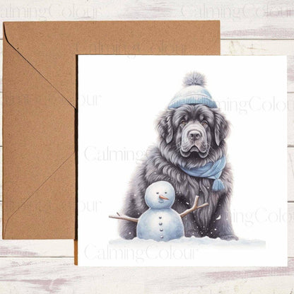 Newfoundland with Mini Snowman | Christmas Card | Calming Colour