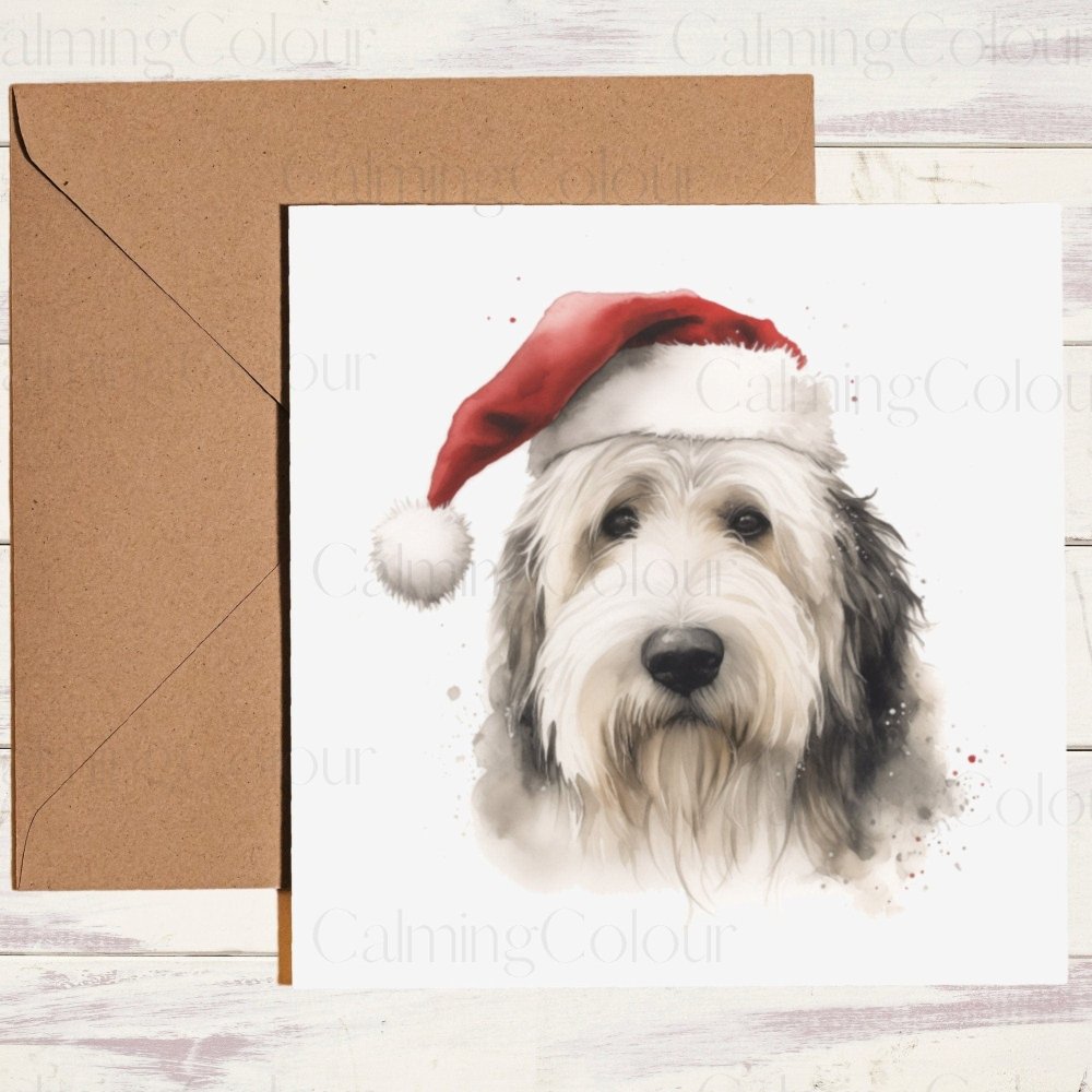 Old English Sheepdog wearing Red Santa Hat | Christmas Card | Calming Colour