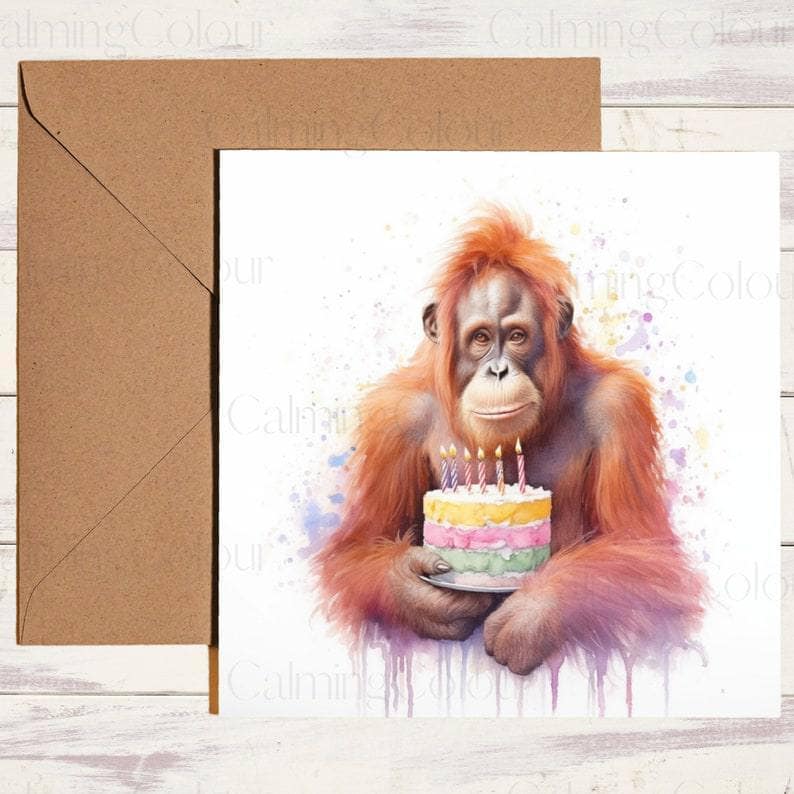 Orangutan holding Birthday Cake | Birthday Card | Birthday Card