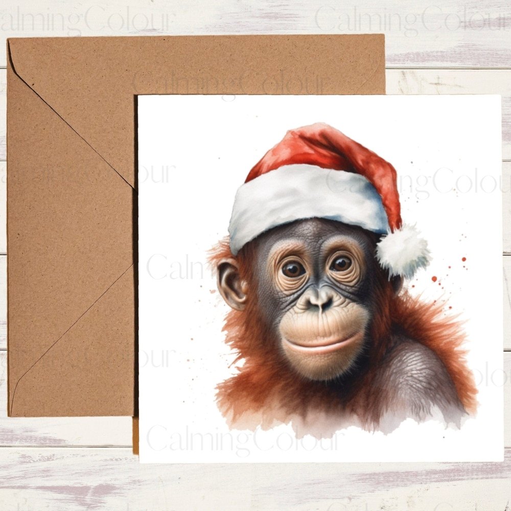 Orangutan wearing Red Santa Hat | Christmas Card | Calming Colour