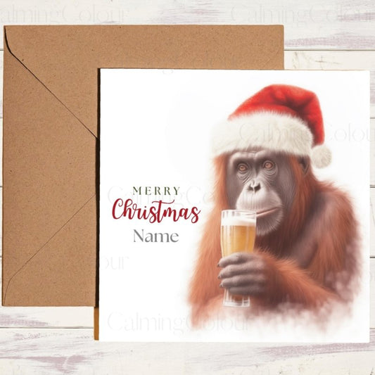 Orangutan with Pint & Santa Hat | Christmas Card | Christmas Card