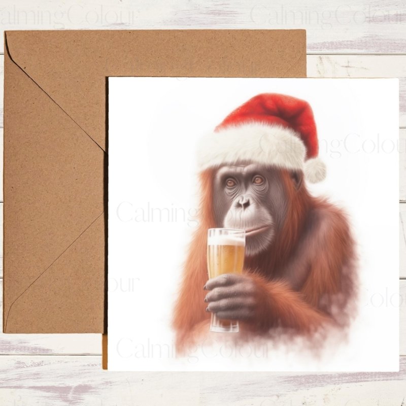 Orangutan with Pint & Santa Hat | Christmas Card | Christmas Card