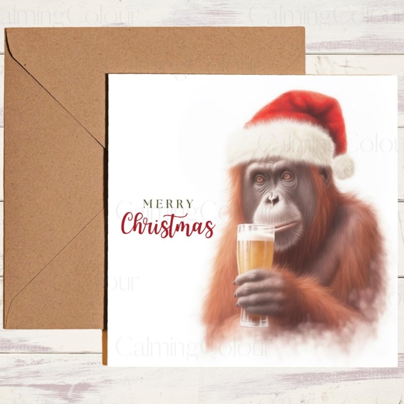 Orangutan with Pint & Santa Hat | Christmas Card | Christmas Card