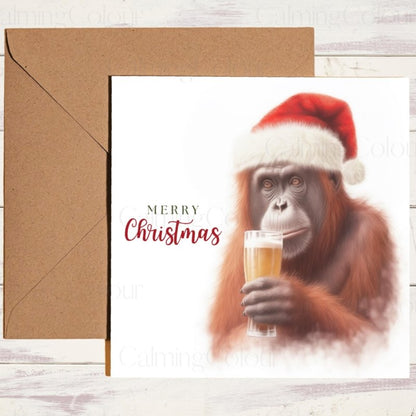 Orangutan with Pint & Santa Hat | Christmas Card | Christmas Card