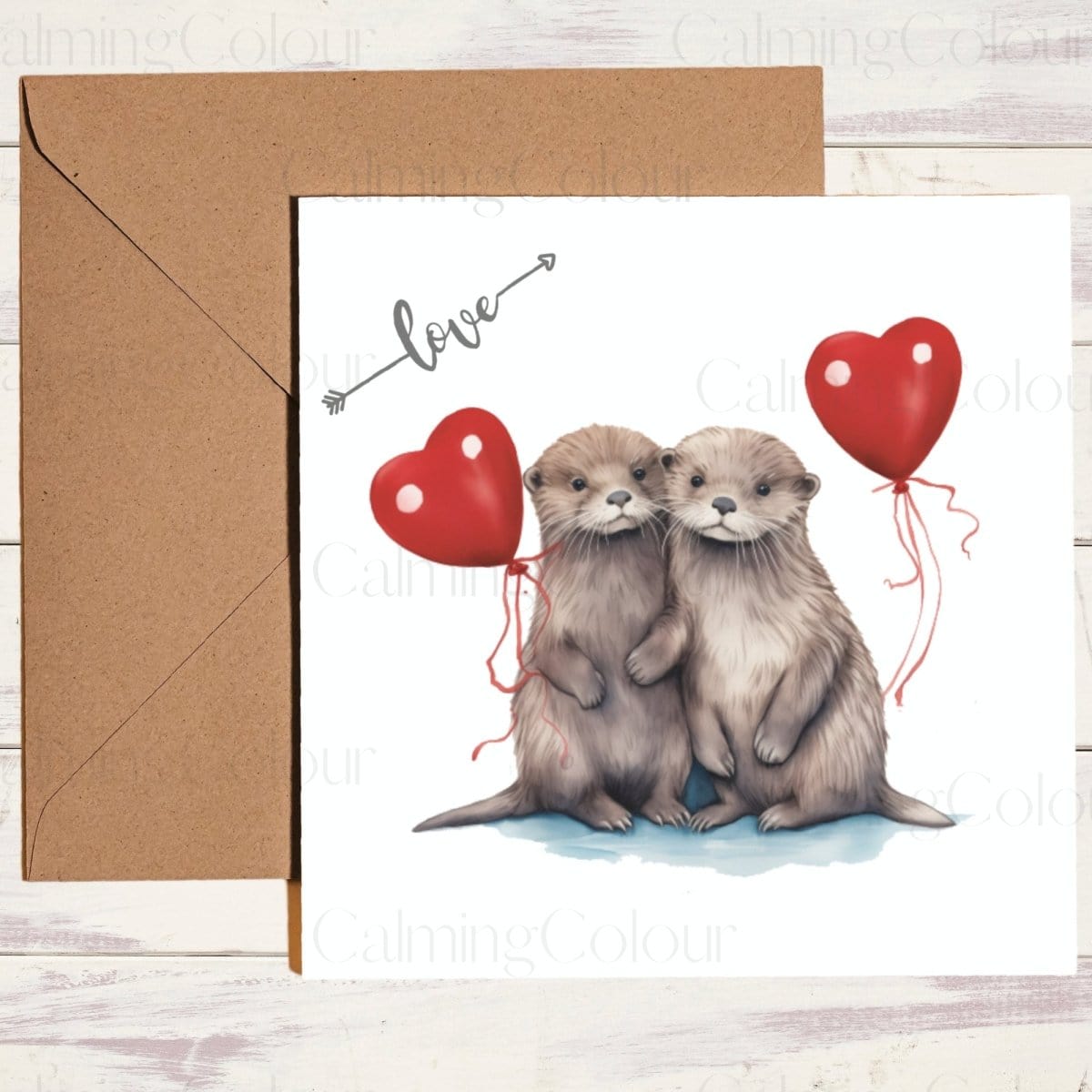 Otter Couple holding Red Balloons | Greeting Card | Calming Colour