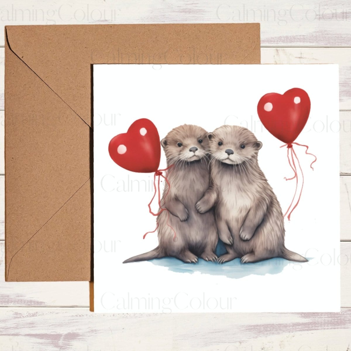 Otter Couple holding Red Balloons | Greeting Card | Calming Colour