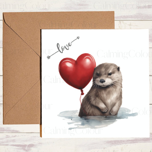 Otter with Red LoveHeart Balloon | Greeting Card | Calming Colour