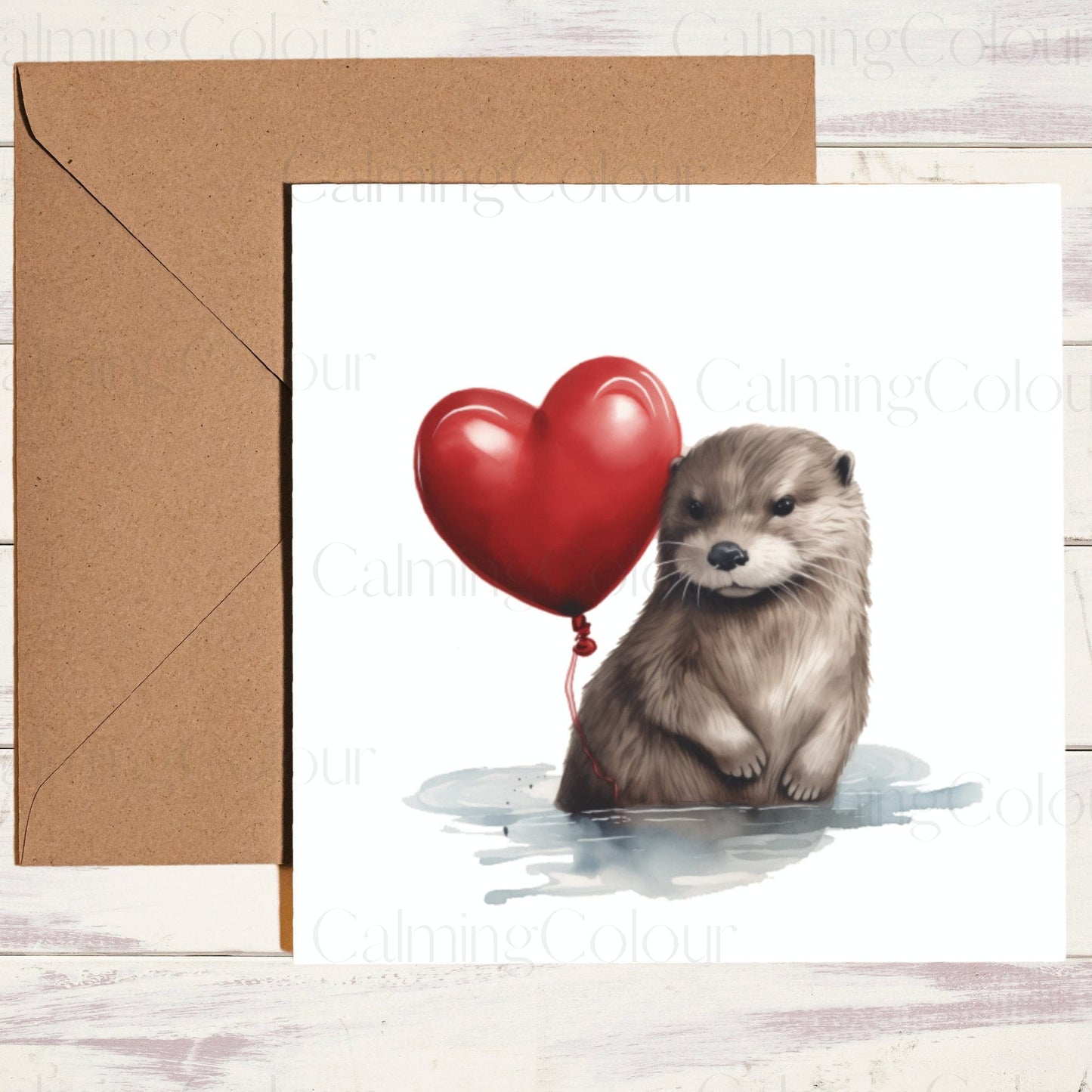 Otter with Red LoveHeart Balloon | Greeting Card | Calming Colour