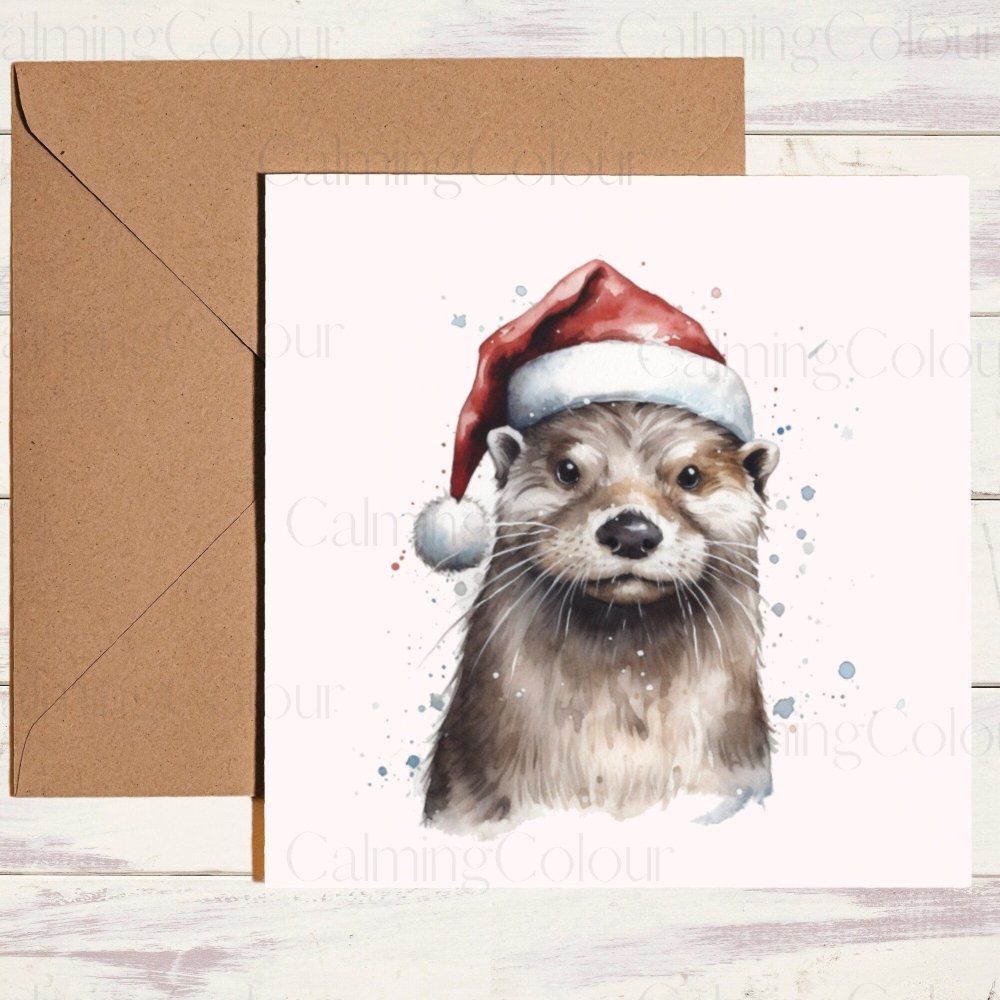 Otter wearing Red Santa Hat | Christmas Card | Calming Colour