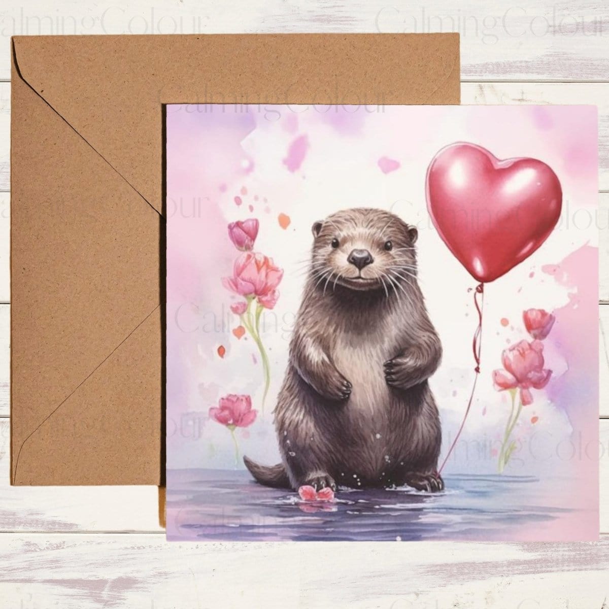 Otter with Single Red Balloon | Greeting Card | Calming Colour