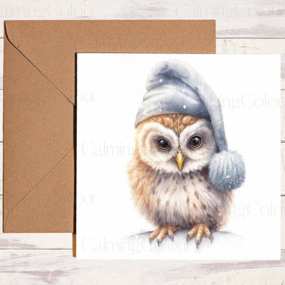 Owl wearing Blue Woolly Hat | Christmas Card | Christmas Card